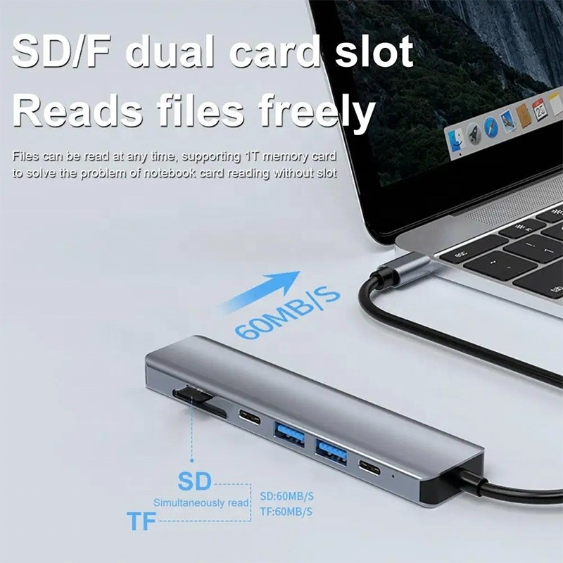 회색 7 In 1 USB C To HDMI 어댑터 허브 도크 4K HD HDMI PD SD TF SD / TF 카드 리더