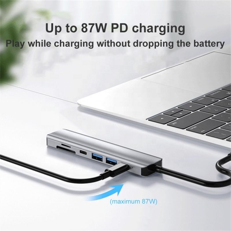회색 7 In 1 USB C To HDMI 어댑터 허브 도크 4K HD HDMI PD SD TF SD / TF 카드 리더