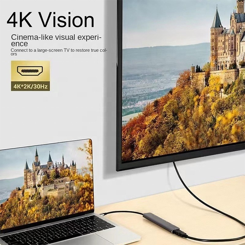 회색 7 In 1 USB C To HDMI 어댑터 허브 도크 4K HD HDMI PD SD TF SD / TF 카드 리더