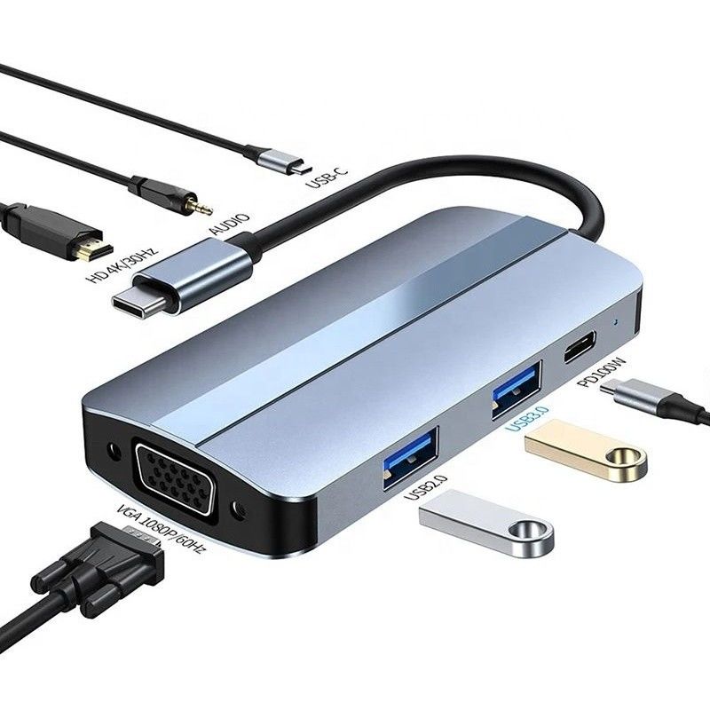 회색색과 4K HDMI VGA 멀티포트 도크 스테이션과 함께 7인 1 USB C 타입 C 허브 어댑터