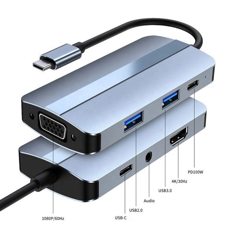 회색색과 4K HDMI VGA 멀티포트 도크 스테이션과 함께 7인 1 USB C 타입 C 허브 어댑터