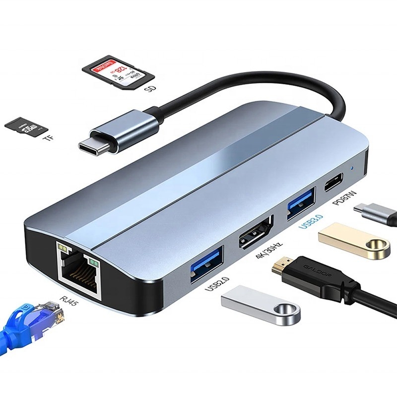 7in1 USB C 맥북용 USB-C 허브 회색 HDMI USB 3.0 USB2.0 RJ45 SD/TF 카드 리더 PD 출력