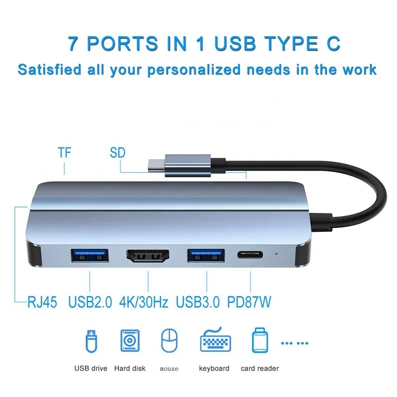 7in1 USB C 맥북용 USB-C 허브 회색 HDMI USB 3.0 USB2.0 RJ45 SD/TF 카드 리더 PD 출력