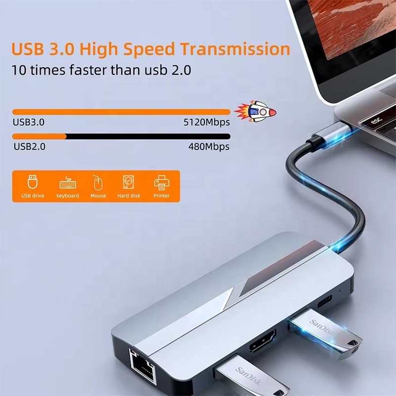 7in1 USB C 맥북용 USB-C 허브 회색 HDMI USB 3.0 USB2.0 RJ45 SD/TF 카드 리더 PD 출력