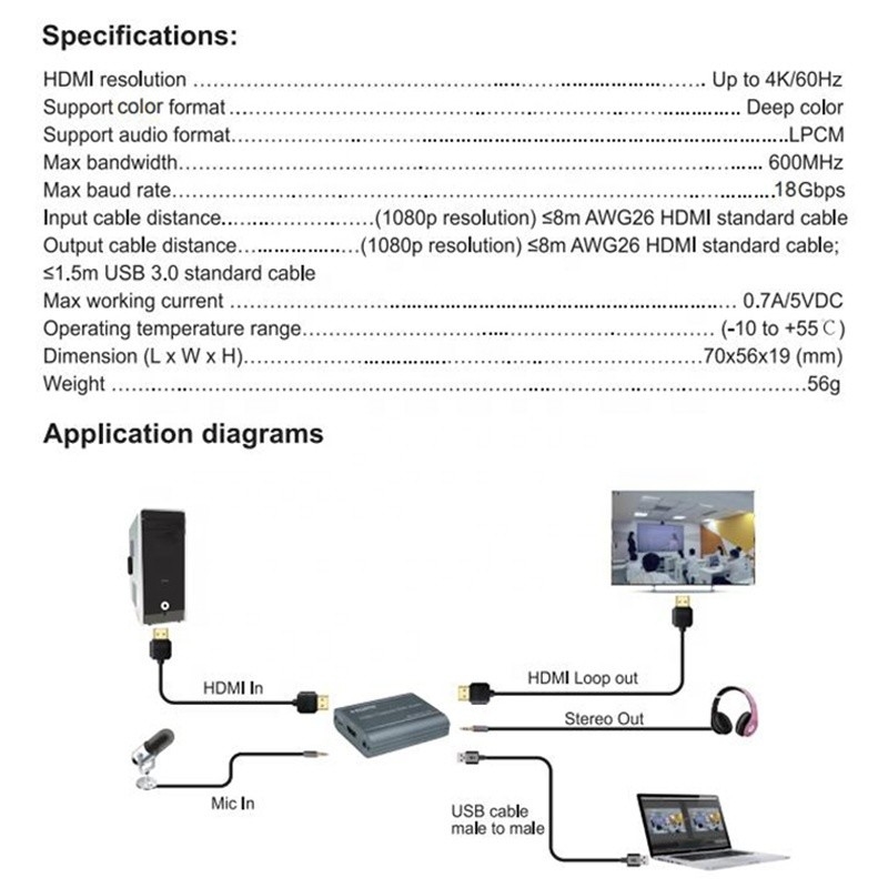 전문적인 4K 60Hz HDMI USB3.0 비디오 캡처 카드와 오디오 출력 및 USB 3.0