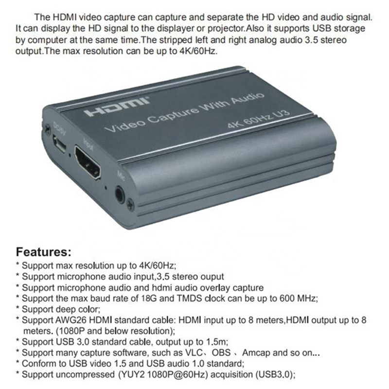 전문적인 4K 60Hz HDMI USB3.0 비디오 캡처 카드와 오디오 출력 및 USB 3.0