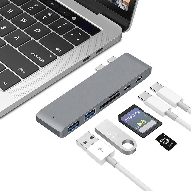 멀티포트 도킹 스테이션 6인 1 타입 C 허브 어댑터 SD/TF 2*USB3.0 2*USB-C 출력