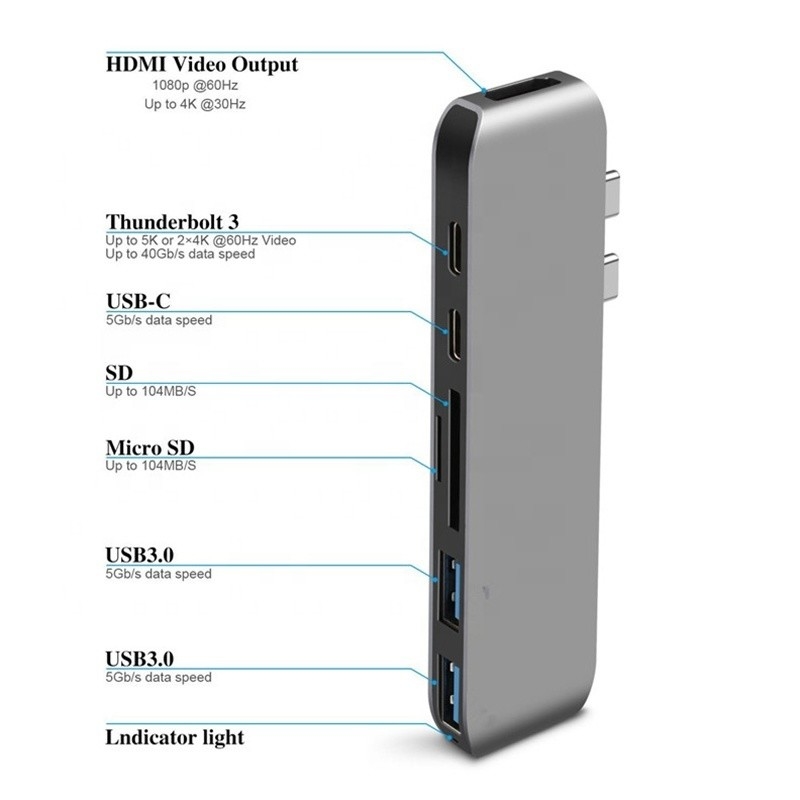 멀티포트 도킹 스테이션 6인 1 타입 C 허브 어댑터 SD/TF 2*USB3.0 2*USB-C 출력