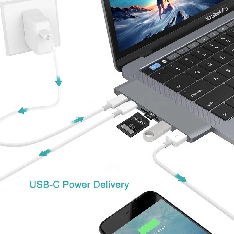 멀티포트 도킹 스테이션 6인 1 타입 C 허브 어댑터 SD/TF 2*USB3.0 2*USB-C 출력