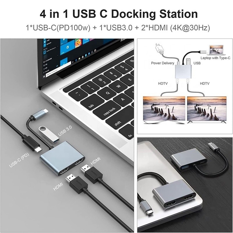 충전 데이터 전송 및 비디오 출력용 4in1 USB C에서 듀얼 4K HDMI MST 어댑터