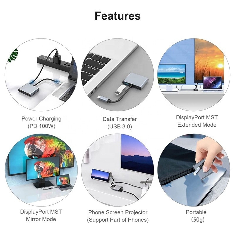 충전 데이터 전송 및 비디오 출력용 4in1 USB C에서 듀얼 4K HDMI MST 어댑터