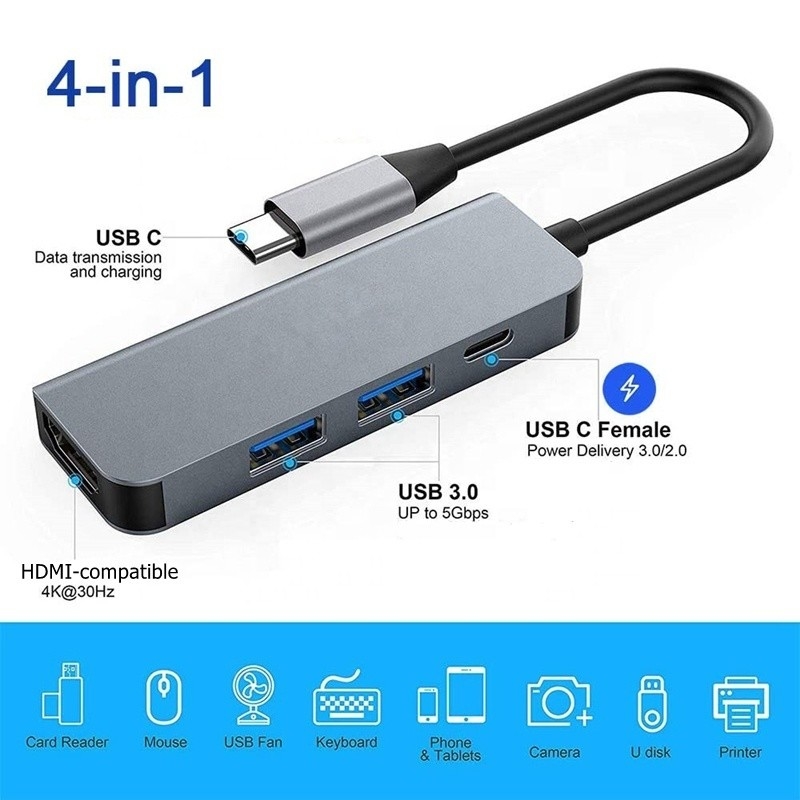 4K HDMI 호환형 USB C 허브 어댑터 2 USB3.0 및 PD 충전 포트
