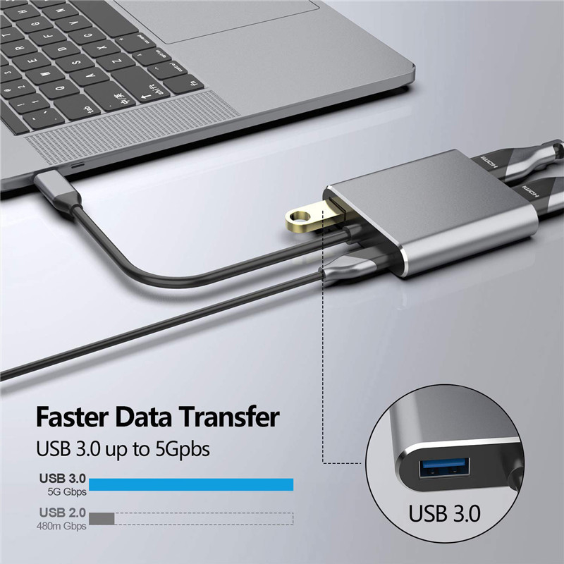 4인1 도킹 스테이션, 2개의 듀얼 4K HDMI 포트 및 USB-C 타입-C에서 듀얼 HDMI 어댑터