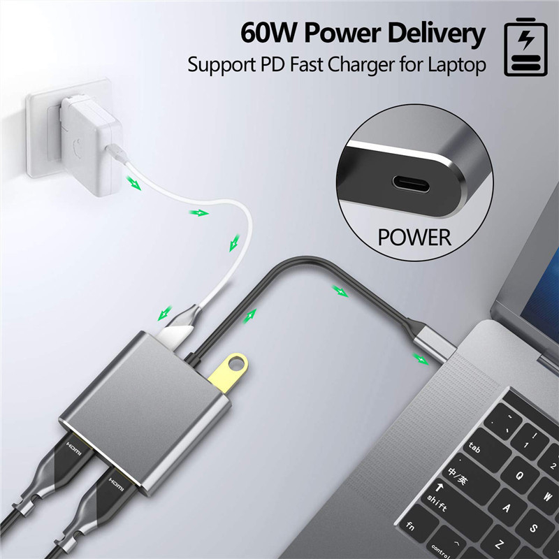 4인1 도킹 스테이션, 2개의 듀얼 4K HDMI 포트 및 USB-C 타입-C에서 듀얼 HDMI 어댑터