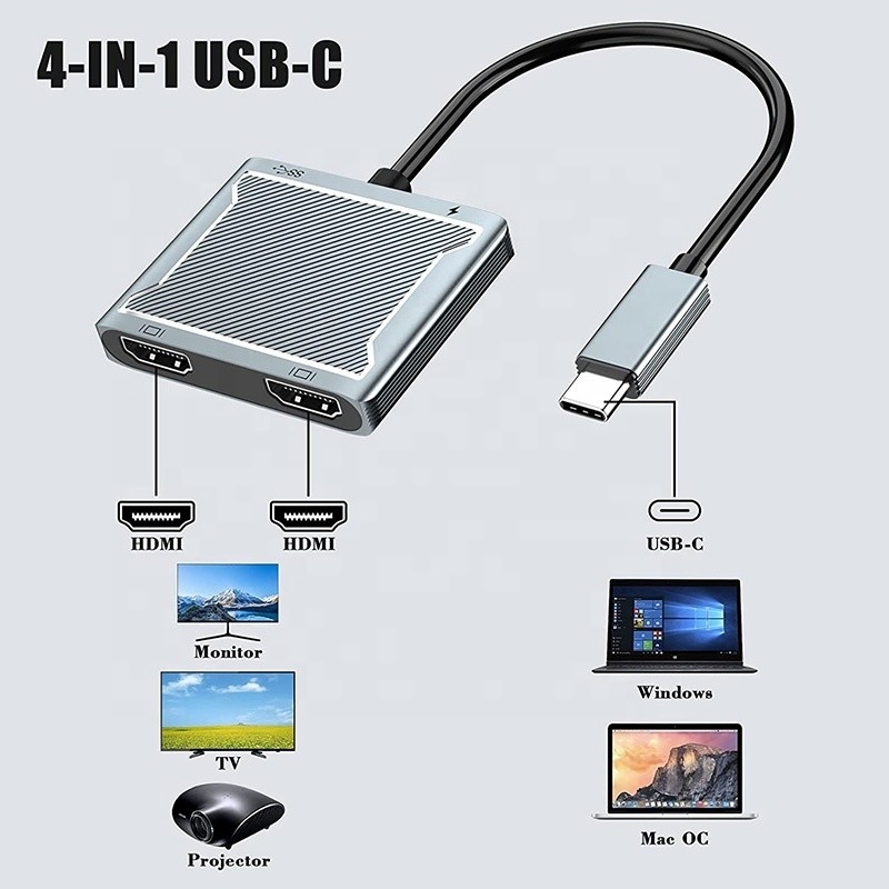 USB C 타입 C 인터페이스 커넥터 듀얼 HDMI 어댑터 4K 4 In 1 USB 3.0 허브 노트북용