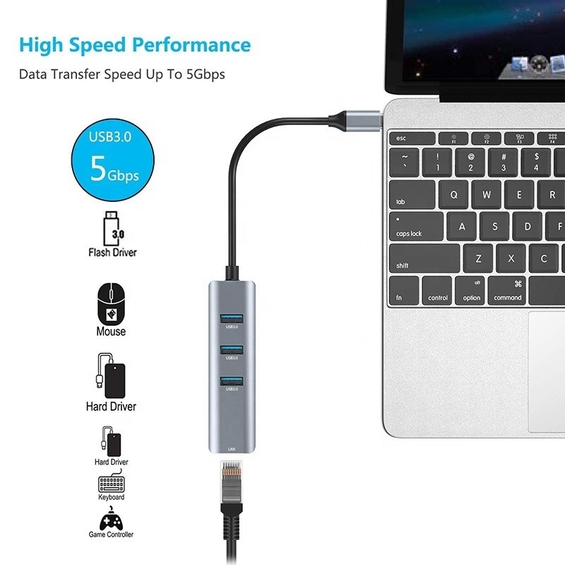 USB 3.1 인터페이스 타입 C ~ 9 포트 USB A 3.0 어댑터 RJ45 기가비트 이더넷 네트워크 카드 회색