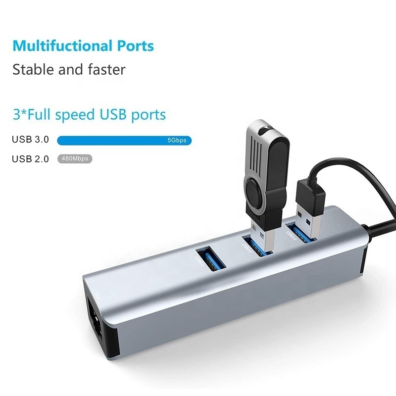 USB 3.1 인터페이스 타입 C ~ 9 포트 USB A 3.0 어댑터 RJ45 기가비트 이더넷 네트워크 카드 회색