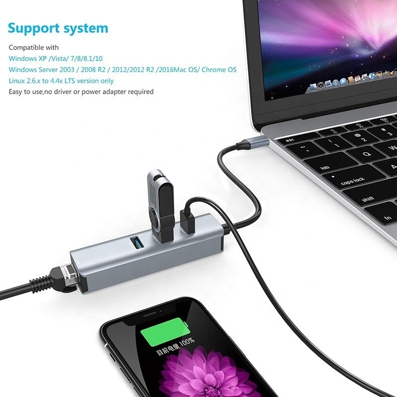 USB 3.1 인터페이스 타입 C ~ 9 포트 USB A 3.0 어댑터 RJ45 기가비트 이더넷 네트워크 카드 회색