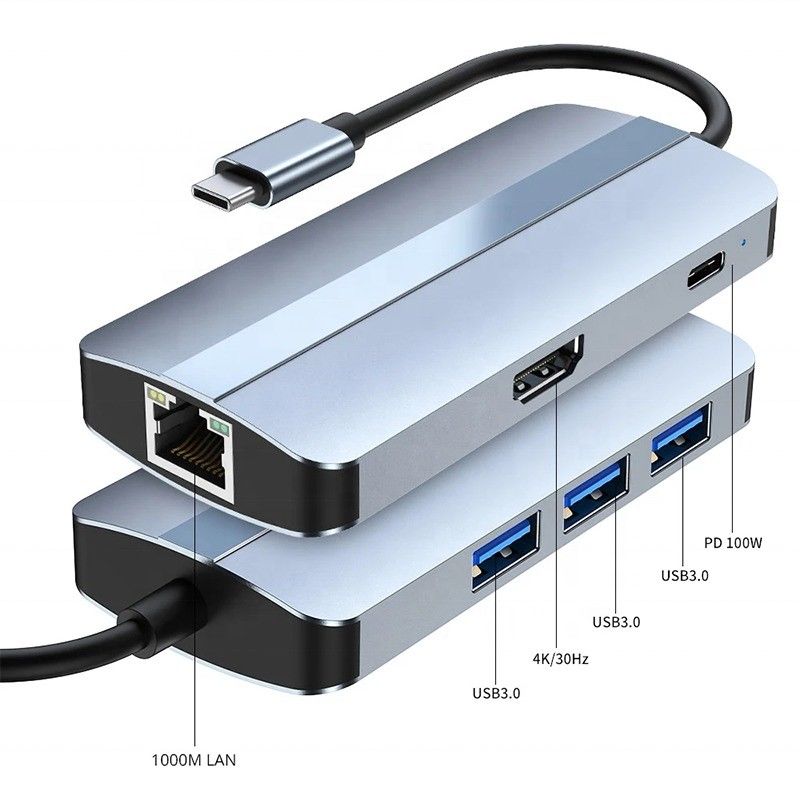 6in1 USB A 허브 4K HDMI USB3.0 RJ45 1000Mbps PD 충전 어댑터