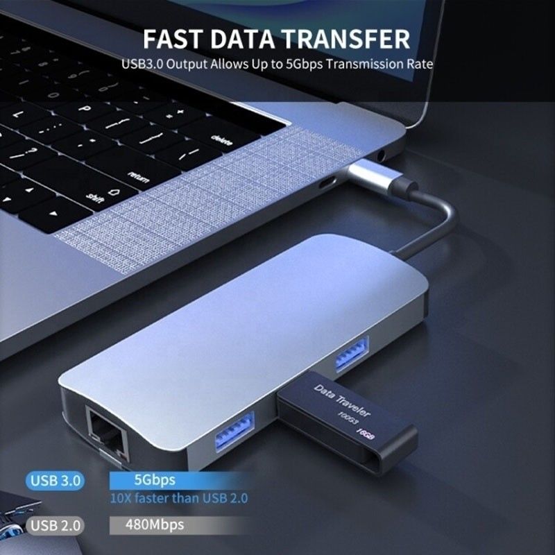 6in1 USB A 허브 4K HDMI USB3.0 RJ45 1000Mbps PD 충전 어댑터