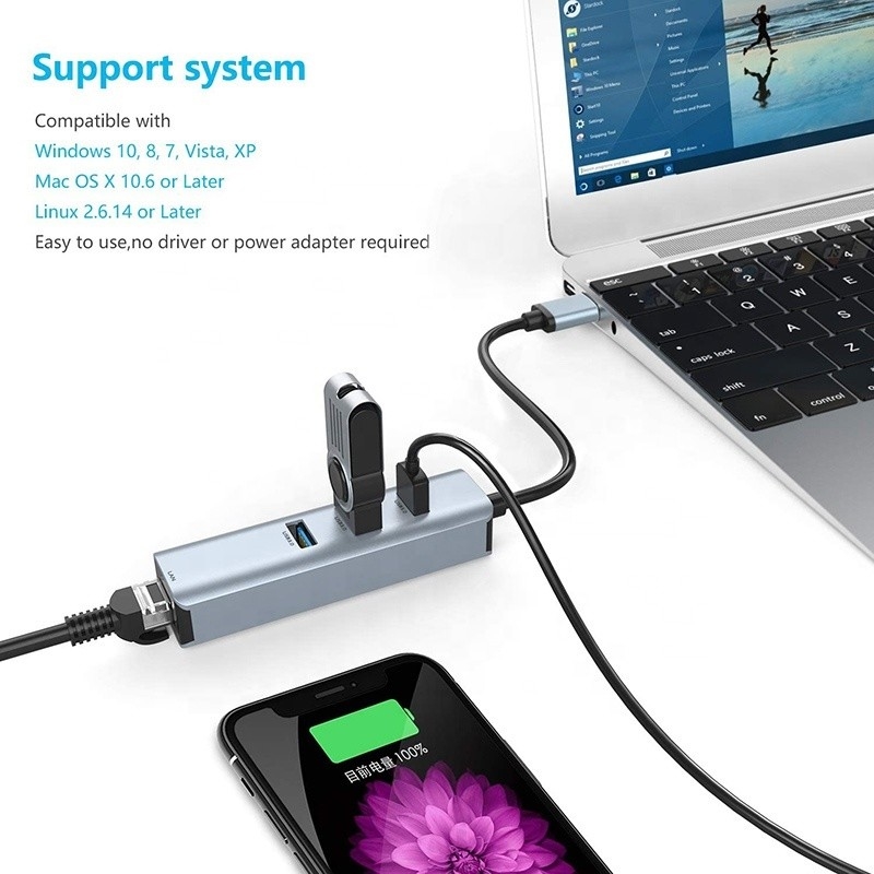 USB 3.0에서 6 포트 USB 허브 및 1000Mbps 이더넷 어댑터