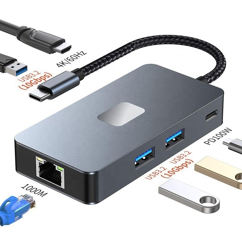8-인-1 멀티포트 어댑터 USB-C 허브 HDMI 3 USB3.0 RJ45 및 PD 출력 5-8 포트