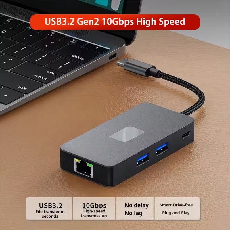 8-인-1 멀티포트 어댑터 USB-C 허브 HDMI 3 USB3.0 RJ45 및 PD 출력 5-8 포트