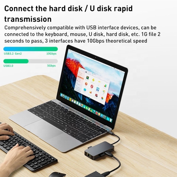 8-인-1 멀티포트 어댑터 USB-C 허브 HDMI 3 USB3.0 RJ45 및 PD 출력 5-8 포트