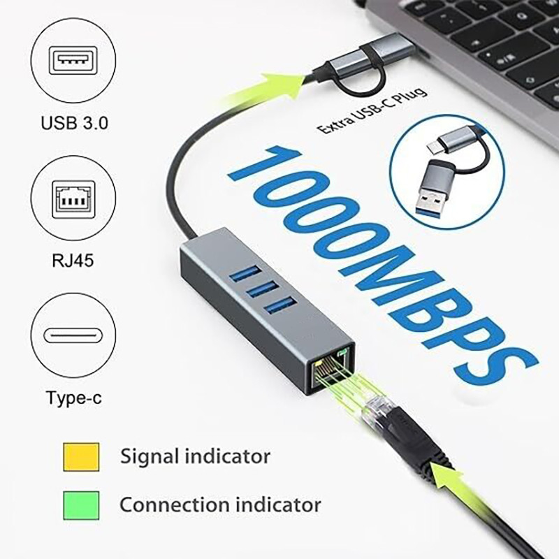 USB 타입 C에서 이더넷 어댑터 14 USB 포트 1000 Mbit/s 기가비트 RJ45 LAN 허브