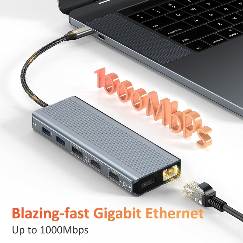 USB 3.1 인터페이스 타입 C ~ 9 포트 USB A 3.0 어댑터 RJ45 기가비트 이더넷 네트워크 카드 회색