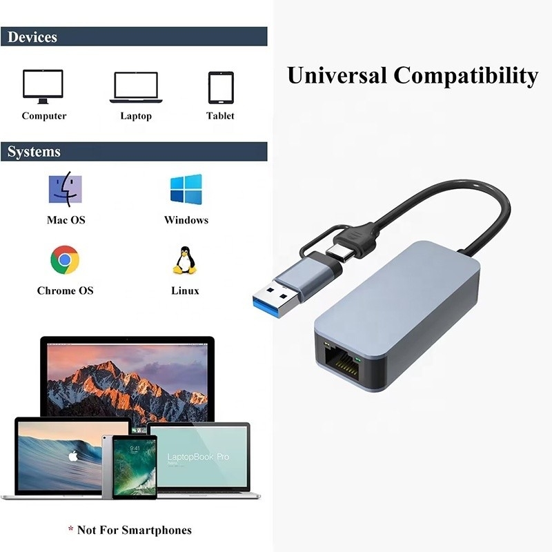 2in1 알루미늄 USB 3.0 타입 C 이더넷 어댑터 빠르고 안정적인 네트워크 연결