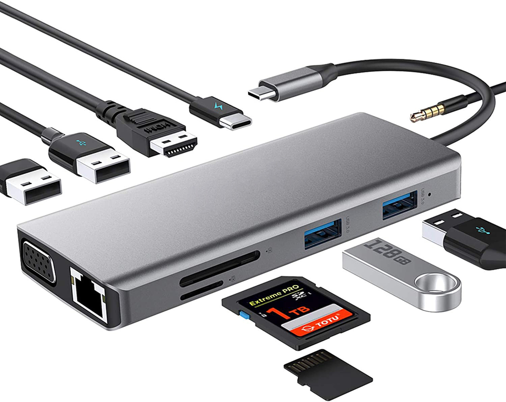USB C 허브 타입-C에서 USB 3.0 HDMI VGA RJ45 LAN SD TF 오디오 USB 회색 멀티포트 어댑터