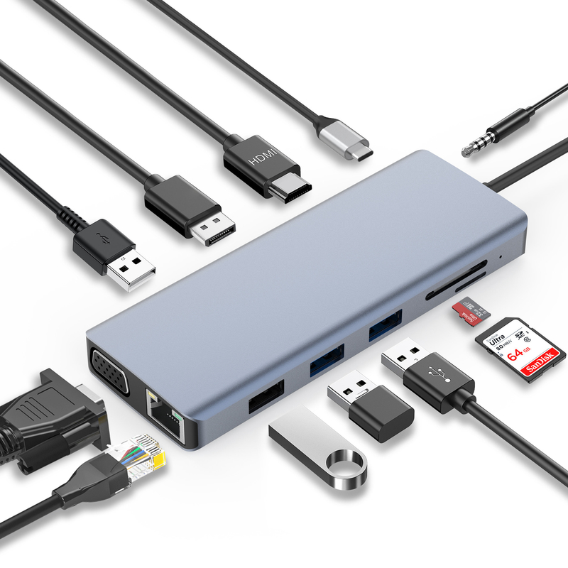 회색 커넥터 컬러 USB 3.0 인더넷 RJ45 HDMI 4K 12 In 1 USB C 허브