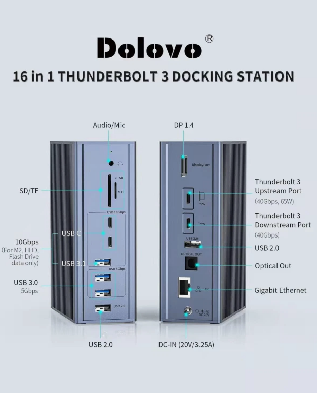 16인1 썬더볼트 3 도킹 스테이션 40Gbps 속도 DP1.4 출력 및 65W PD 충전